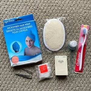 Bath & Body Bundle - Shower Caps, Microfiber Towel, Shower Exfoliater, Tweezers
